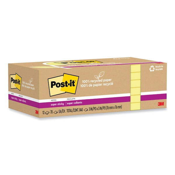 100% Recycled Paper Super Sticky Notes, 3 X 3, Canary Yelow, 70 Sheets/Pad, 12PK